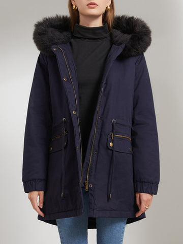 Airchics mi-longue parka avec poches coulisse taille fermeture éclair col en fourrure à capuche femme mode